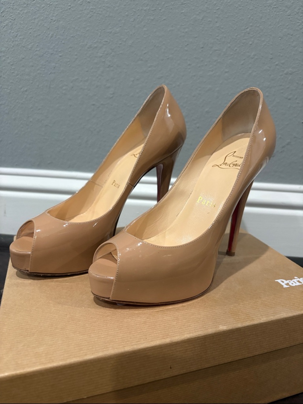 Christian Louboutin Nude Patent Peep Toe Platform Pumps